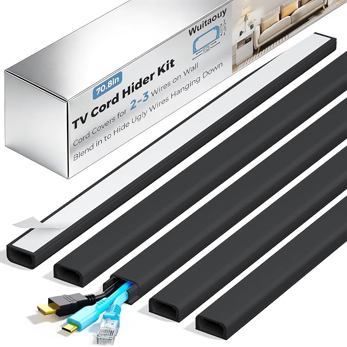 Cord Hider Kit, 70.8in Cord Covers for 2-3 Wires on Wall, Paintable Cable Hider Wire Covers for Cords on Wall, Self-Adhesive Cord Hider for Wall Mount Tv to Hide Cords, W0.94 H0.47in, Black by Wuitaouy