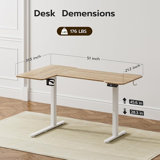 L Shaped Electric Standing Desk - 51x31.5 Inch Reversible Corner Sit Stand Desk with Hook&Cup Holder,Electric Height Adjustable Table,for Small Home Office&Bedroom Computer Desk, Oak - Image 3