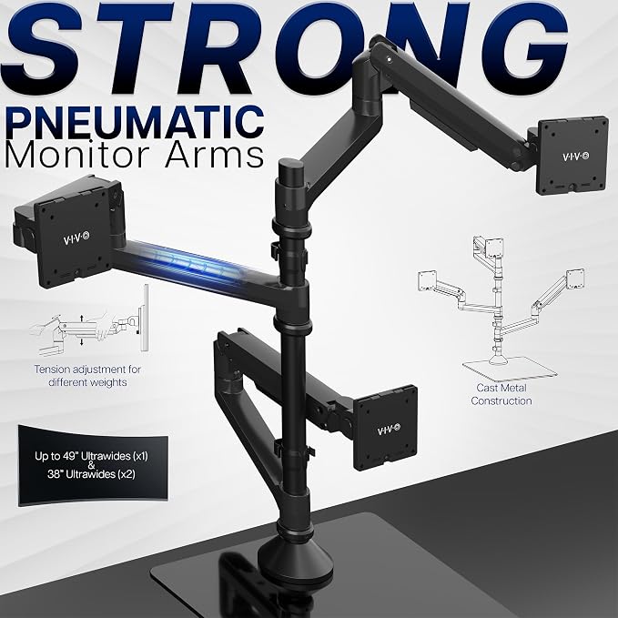 VIVO Pneumatic Arm Triple Ultrawide Monitor Desk Stand for Up to 49 inch Screens with Tempered Glass Base, Holds 3 Ultra Wides Up to 33 lbs Each, Black, STAND-V300FG - Image 4