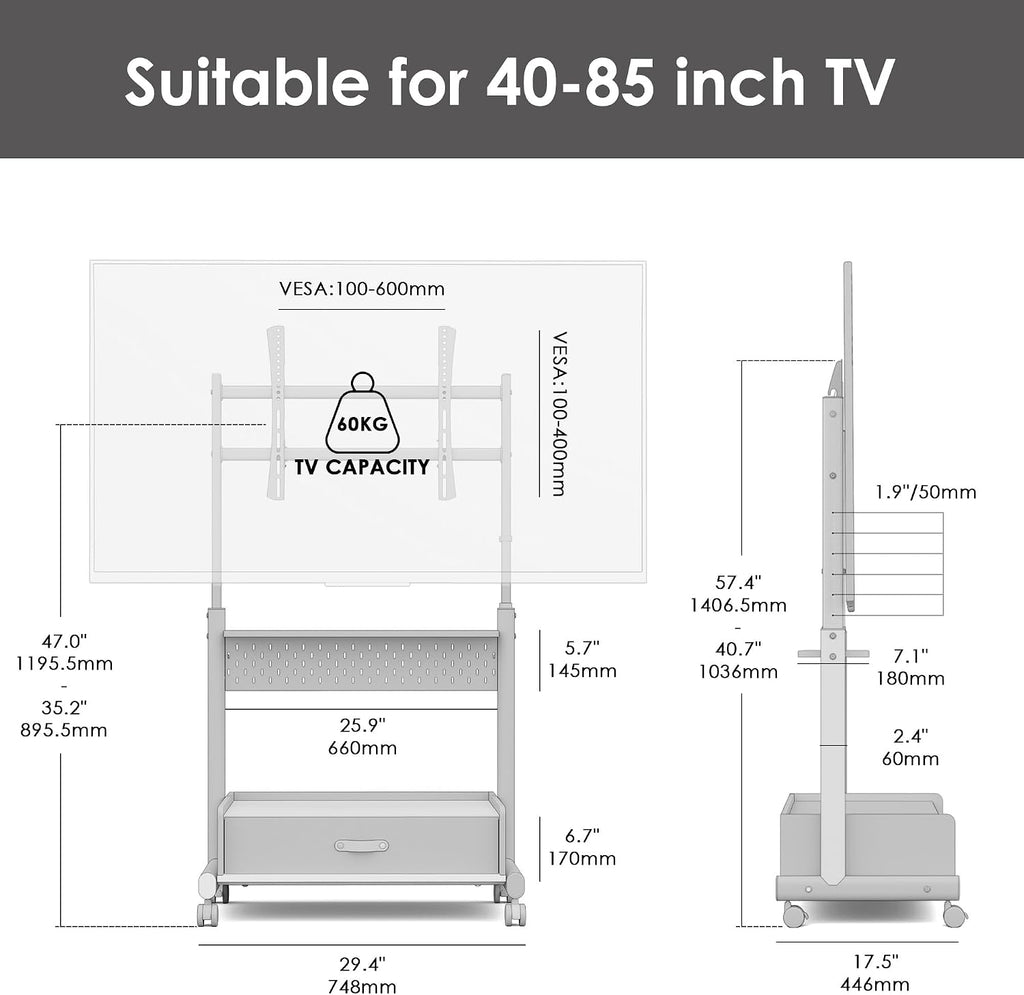 FITUEYES Rolling TV Stand on Wheels Lockable for 40-85 Inch TVs, White - Image 4
