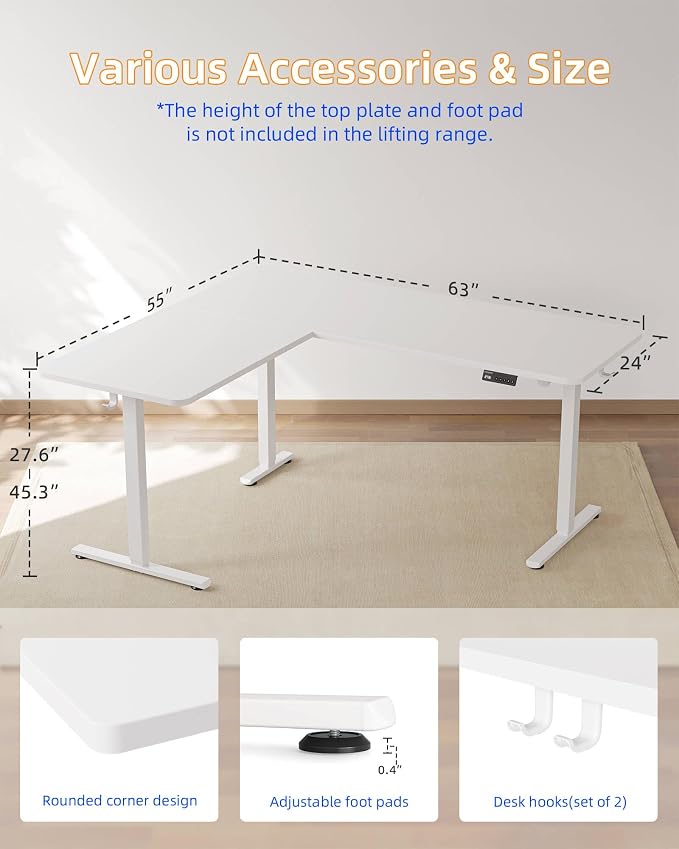 YIHAYO L Shaped Standing Desk Adjustable Height, 63 x 55 Inches Electric Corner Standing Desk with Splice Board, Computer Desk for Home Office, White - Image 6