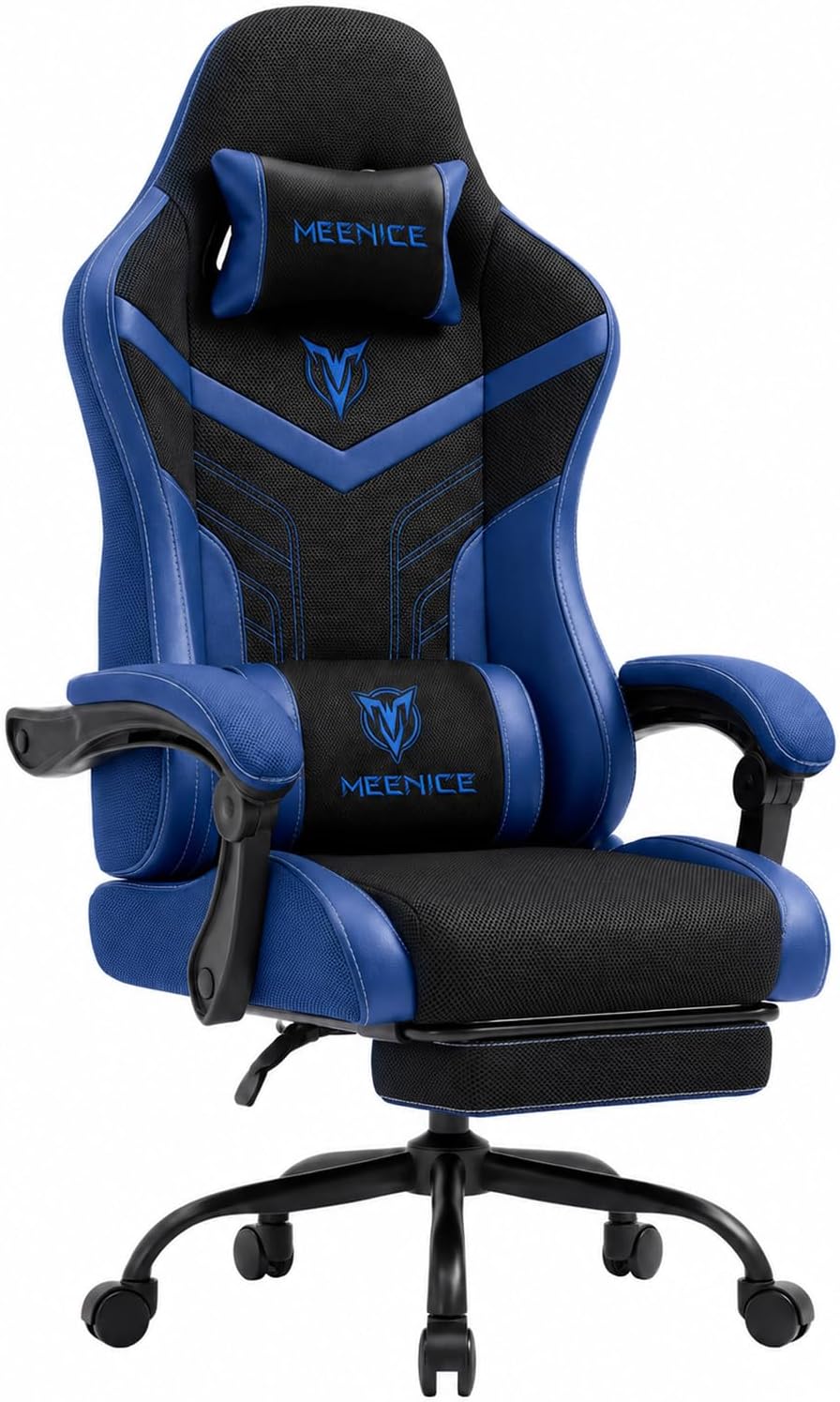 Ergonomic Gaming Chair with Footrest for Adults, Leather Mesh by MEENICE