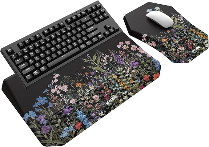 3-in-1 Ergonomic Keyboard Stand with Wrist Rest & Mouse Pad Set, Flower | Comfy Keyboard Riser Holder Soft Mousepad with Massage Design, Memory Foam and Non-Slip PU Base for Pain Relief by abcmat