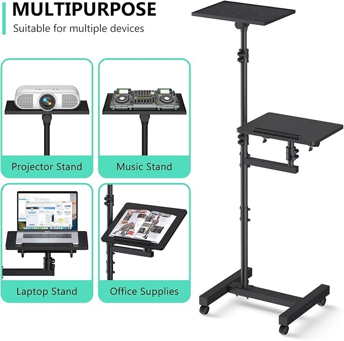 Projector Stand Tripod: 2 Shelves Mobile Laptop Cart Adjustable Height 45 to 64 Inches, Rolling Laptop Stand Cart with Ventilated Tray, Projector Tripod Stand on Wheels for Couch, Bedside, Meeting - Image 4