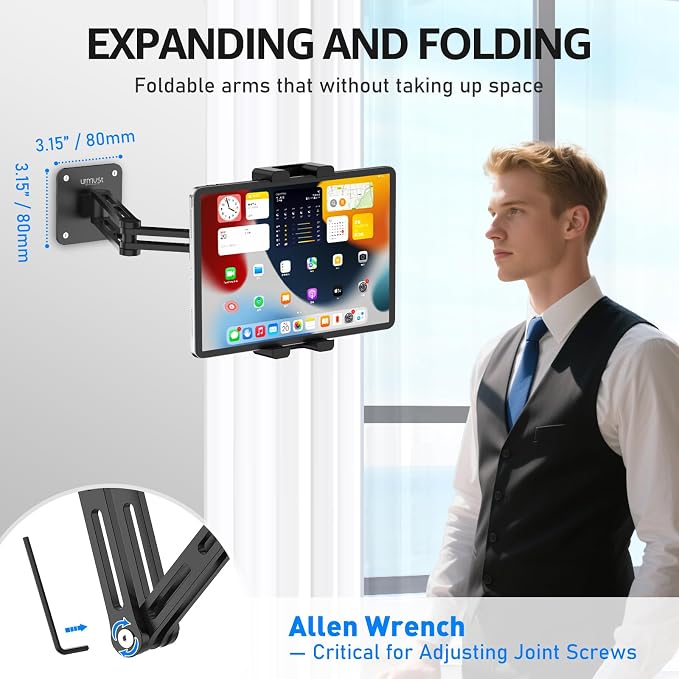 Tablet Wall Mount Holder for iPad, 4.7-15.6" | 360° Rotation Adjustable, Aluminum Extendable Arm, iPad mini/Air/Pro/Galaxy Tab/Kindle, Kitchen Home Office - Image 5