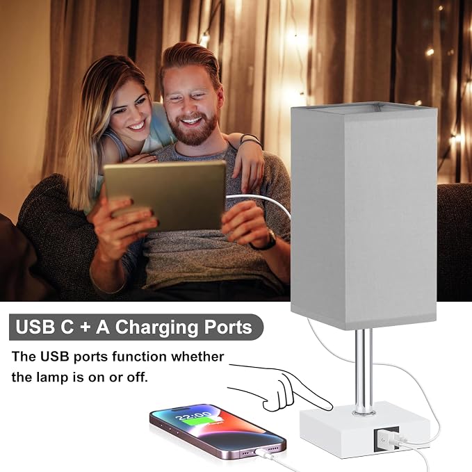 Touch Table Lamp for Bedroom - Dimmable, USB C+A, Grey Lamphade White Base | 3-Way Dimmable, 3000K LED Bulb Included, Square Lampshade, Cute Room Decor for Teen Girls, Kids, Small Lamp for Dorm, Nursery - Image 3