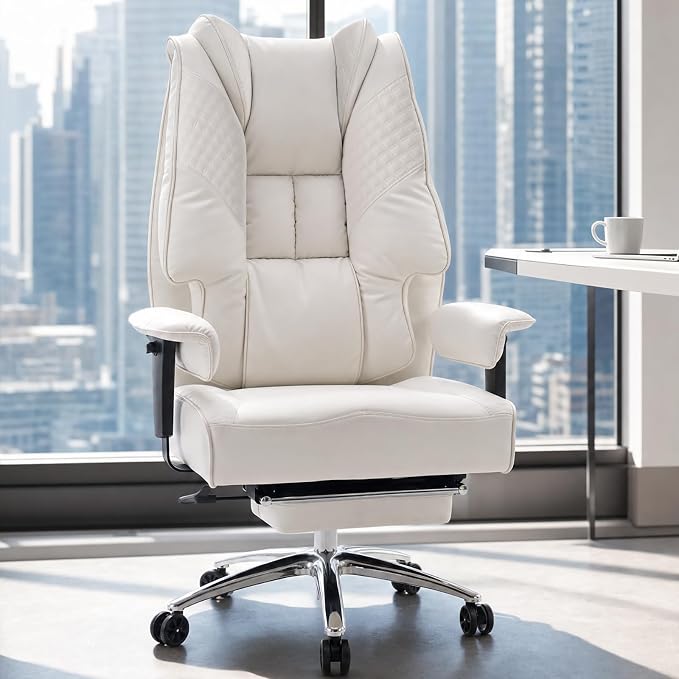 EXCEBET Big and Tall Executive Office Chair 400lbs Wide Seat, PU White | Wide seat, Retractable footrest, 135° recline, Lumbar support, PU leather, Ergonomic high back for lower back pain relief by EXCEBETOFFICECHAIR