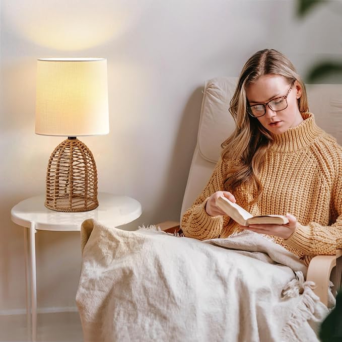 EJIAXIN Rattan Lamp Boho Lamps Set of 2-13.75" Mini Farmhouse Table Lamp Rustic End Table Decorative Small Lamps for Small Spaces Bedroom Nightstand Living Room Reading Desk Side Table Lamp - Image 6