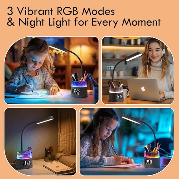 WILIT LED Desk Lamp for College Dorm Room Essentials, 3 Modes,Touch, Gray | Study Lamp with USB Charging Port, Pen Holder, Clock & RGB Night Light, Office Desk Accessories, Table Lamp for Bedroom - Image 4