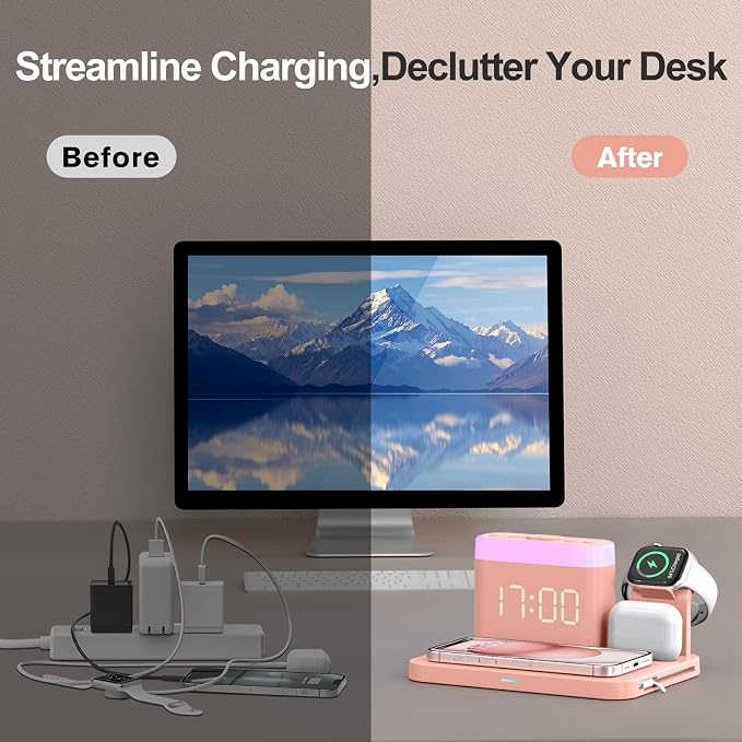 ANJANK 5 in 1 Wireless Charging Station with Alarm Clock,7 Night Light & 0-100% Dimmer,Qi Mag-Safe Charger Stand for Apple Devices - for iPhone 17 16 15 14 13 12 Pro Max Plus Air,Apple Watch,Airpods - Image 7
