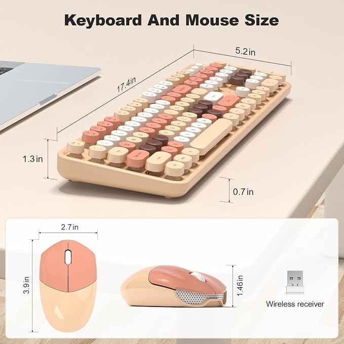Wireless Keyboard and Mouse Combo, 2.4GHz Retro Full-Size Typewriter Keyboard with Number Pad and Wireless Mouse for PC/Laptop/Desktop/Windows (Milk Tea Colorful) - Image 6