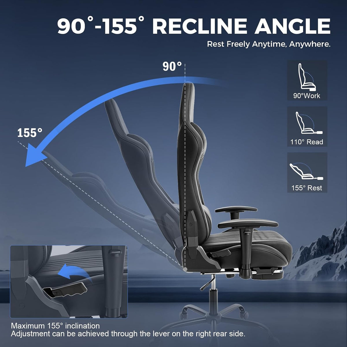 Gaming Chair with Footrest, 90°-155° Reclining Ergonomic Computer Chair with 3D Armrests, Headrest and Lumbar Pillow, 360° Swivel, SGS-Tested Gas Lift, 330 lbs Capacity, Black - Image 5