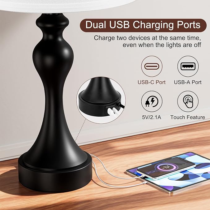 Touch Lamps for Nightstand, 3 Way Dimmable Bedside Lamps with USB C+A Ports | Touch Control, LED Bulb Included, Small Black Table Lamp for Bedroom, Night Stands, End Table, Gift，Corded，White Shade - Image 4