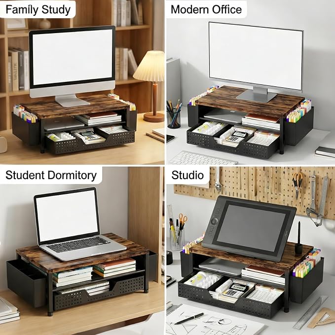 LEKETREE Wood Desk Organizer, 2-Tier Computer Monitor Stand Riser with Storage Drawer and 2 Pen Holders, Laptop & Printer Stand, Shelf for Top of Desk (Rustic Brown) - Image 9