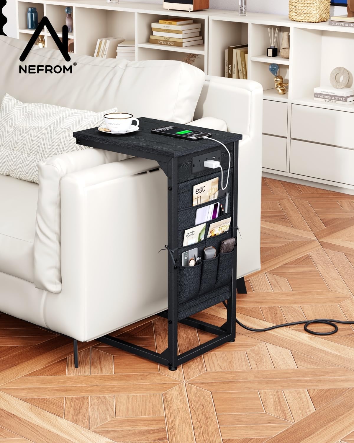 C-Shaped End Tables Set of 2, Small Couch Side Table with Fast-Charging Station, Sofa TV Tray Table with Storage Bag for Living Room, Bedroom, Bedside ET-BK-2 - Image 2