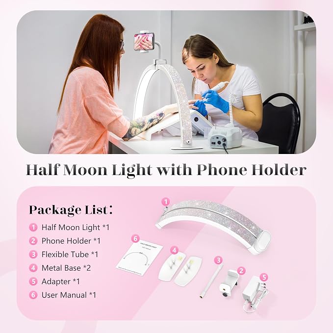 Yokilly Half Moon Light for Nail Desk: 23" Foldable Nail Light for Desk | AB Diamonds Arch Nail Tech Light with Phone Holder for Beginner - 3 Color Modes & 10 Brightness for Manicure Salon-White - Image 7
