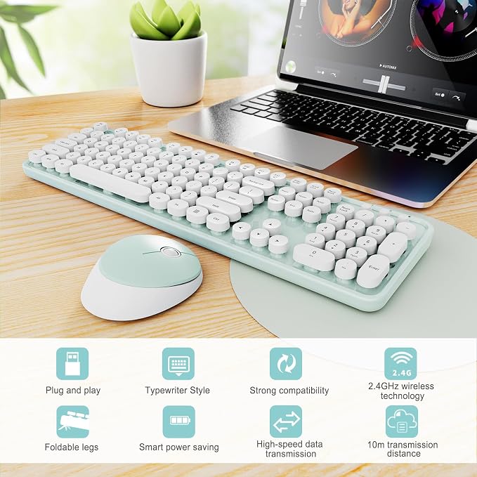 Wireless Keyboard and Mouse Combo, Ergonomic Full Size Typewriter Retro Round Keycaps Keyboard, Compatible with Windows, PC, Perfer for Home and Office Keyboards（Green） - Image 3