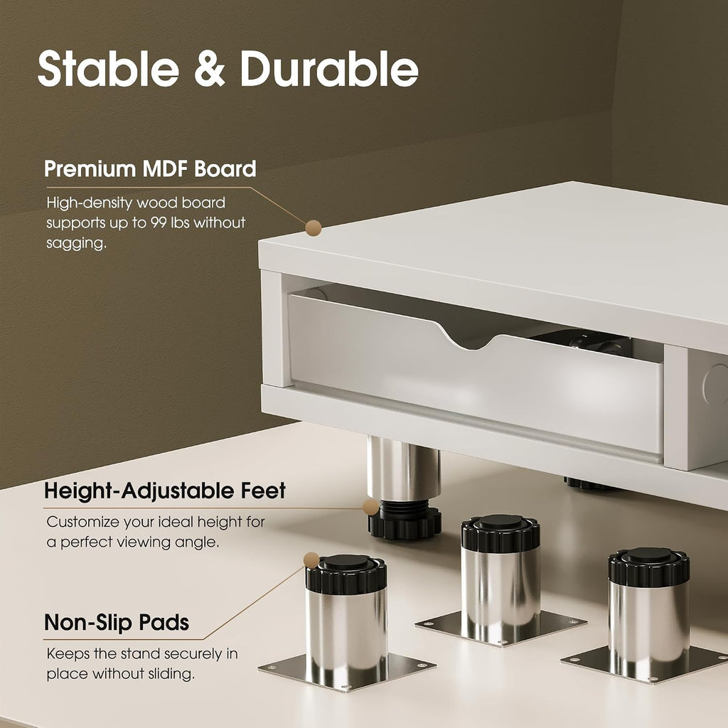 Fenge Dual Monitor Riser with 2 Drawers, 42.5in Long Desk Shelf, White - Image 4