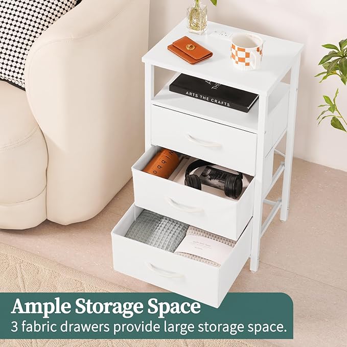 Yoobure Night Stand with Charging Station, White Nightstand with 3 Fabric Drawers & USB Ports and Outlets, LED End Table and Storage Shelf, Small Dresser for Bedroom, Bedside Table for Small Space - Image 4