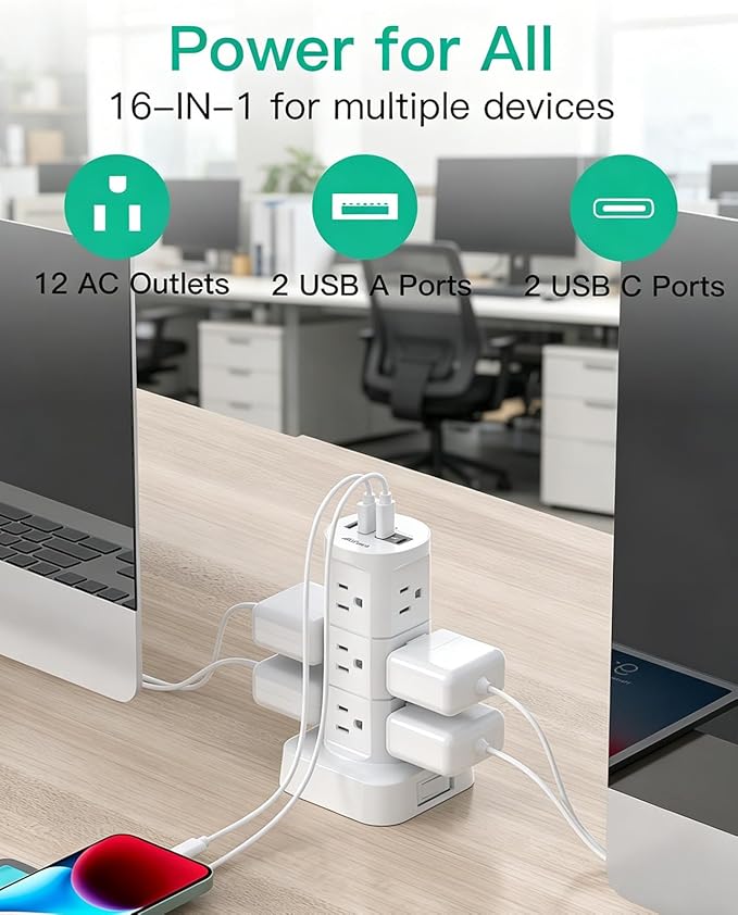Surge Protector Power Strip Tower, 10FT Extension Cord, Slim Flat Plug | Office Desk Supplies, with Multiple Outlets(12 AC Outlets), 1875W/15A Overload Protection, Dorm Room Essentials - Image 2