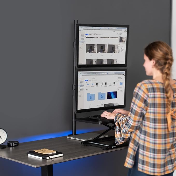 VIVO Extra Tall Vertically Stacked Dual Monitor Desk Mount Stand with 39 inch Stand-up Pole, Fully Adjustable Extended Arms, Fits 2 Screens up to 27 inches, STAND-V012T - Image 4