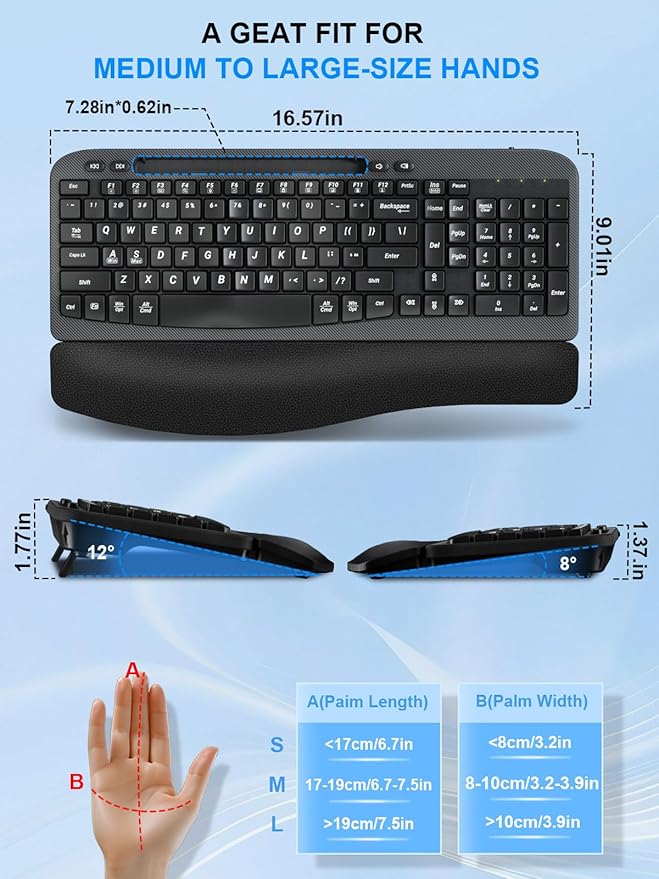 Hayyiesh Ergonomic Wave Keys Wireless Keyboard and Mouse Combo, Full Size with Memory Foam Wrist Rest & Phone Holder, 2.4G Cordless Set with USB-C Adapter for Windows Mac Desktop Laptop (Black) - Image 2