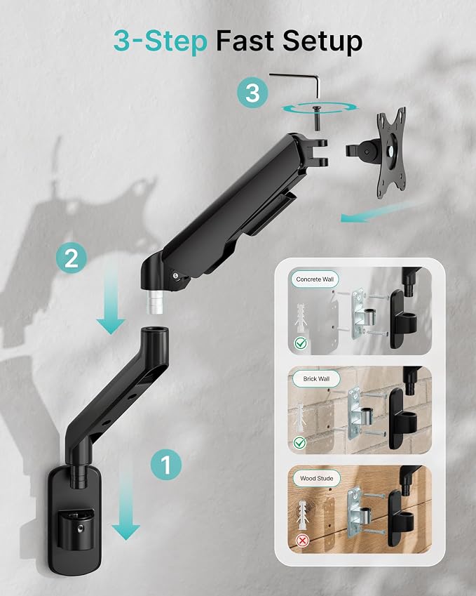 PEGZONE Single Monitor Wall Arm 17"-40" Ultrawide 26.4Lbs VESA Black | Fully Adjustable, Space Saving Design, VESA 75x75 & 100x100, For Home Office Gaming, Supports Ultrawide Displays - Image 5