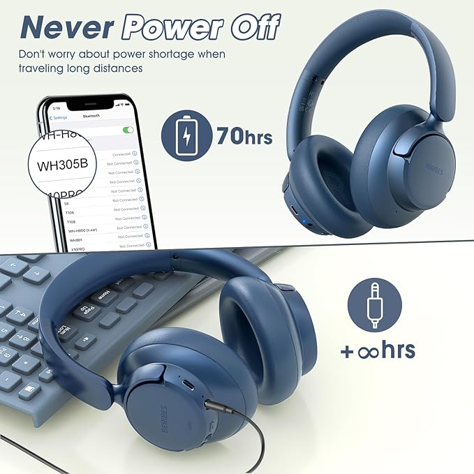 BERIBES Hybrid Active Noise Cancelling Headphones Wireless Over Ear 70Hours | Foldable Bluetooth 6.0,Transparent Modes,3.5MM Cable,Lightweight Built-in Mic,HiFi Stereo Deep Bass,Soft-Earpad,Fast Charging - Image 6