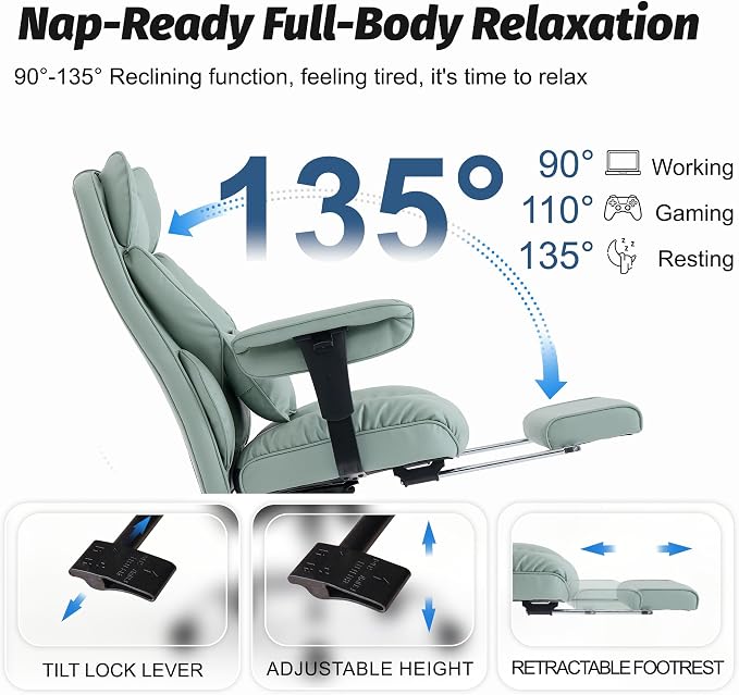 Efomao Executive Office Chair 400lbs,Green Big and Tall Desk Chair | Mattress-grade pocket spring cushion, sleek leather, 135° recline & footrest for computer gaming setup. - Image 5