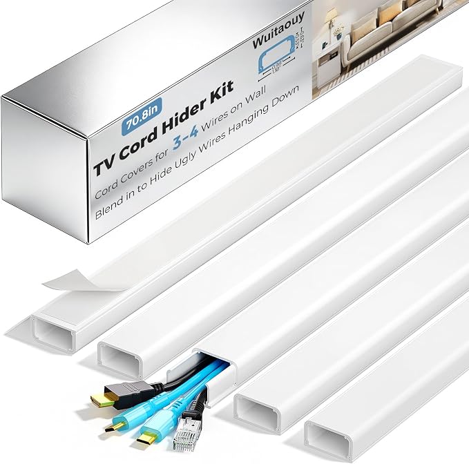 Cord Covers for 3-4 Wires on Wall, Wuitaouy 70.8in Cord Hider Kit, Self-Adhesive Wire Hider Wire Covers for Cords on Wall, Paintable Tv Cable Hider Cable Management, W1.18 H0.6in, White by Wuitaouy