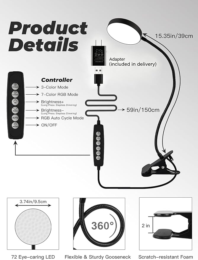 Clip on Light,10 RGB Colors+10 Brightness Small Desk Lamp with Clamp Light | 500 lm Bright 72 LED Desk Light, USB Adapter Reading Lights for Books in Bed/Headboard/Bedside Table/Bedroom/Dorm/Home Office - Image 7