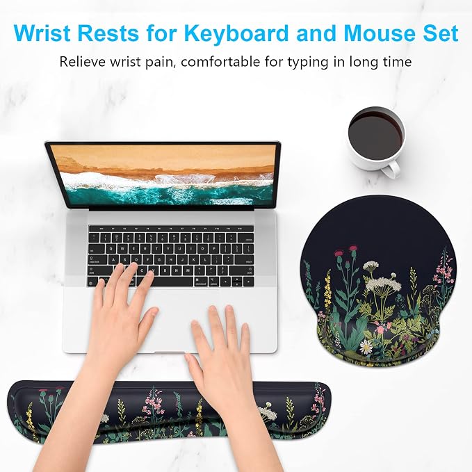 Dapesuom Keyboard Wrist Rest and Mouse Pad with Wrist Support, Cute Memory Foam Cushion for Keyboard and Mouse Set, Ergonomic Pad Rests with Non Slip Base for Easy Typing & Pain Relief, Elegant Flower - Image 2