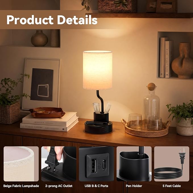 Bedside Lamps for Bedroom Set of 2 - Table Desk Lamp for Nightstand | 15" Table Lamp for Living Room with Pen Holder & Phone Stand, USB A+C Port, AC Outlet, 3 Color Temperature, LED Bulb Included - Image 7