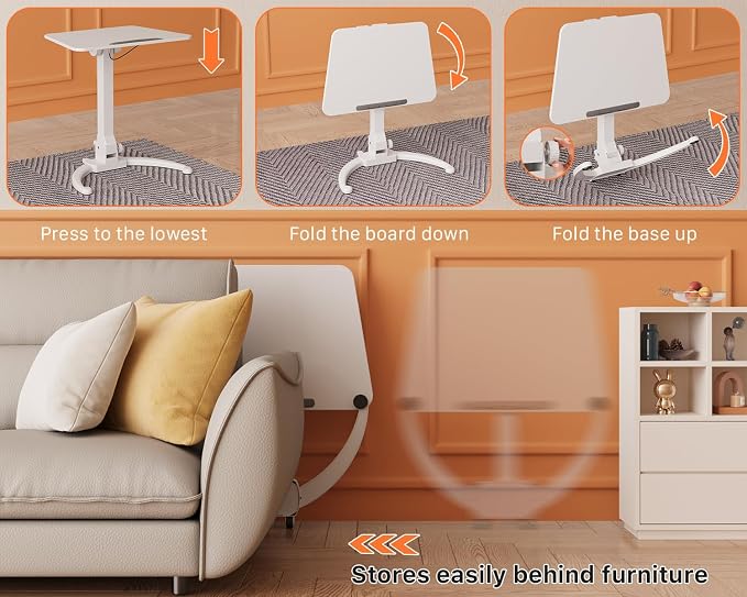 JOY worker Foldable Mobile Standing Desk, Adjustable Portable Desk, White | 90° Tiltable MDF Desktop with Strip, Height Adjustable, Collapsible Low Base with Hidden Wheels, Holds 22lbs, for Home Office - Image 7
