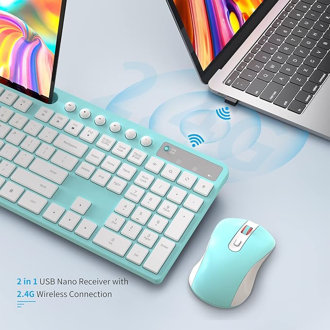 Wireless Keyboard and Mouse Combo, MARVO 2.4G Ergonomic Wireless Computer Keyboard with Phone Tablet Holder, Silent Mouse with 6 Button, Compatible with MacBook, Windows (Blue) - Image 5