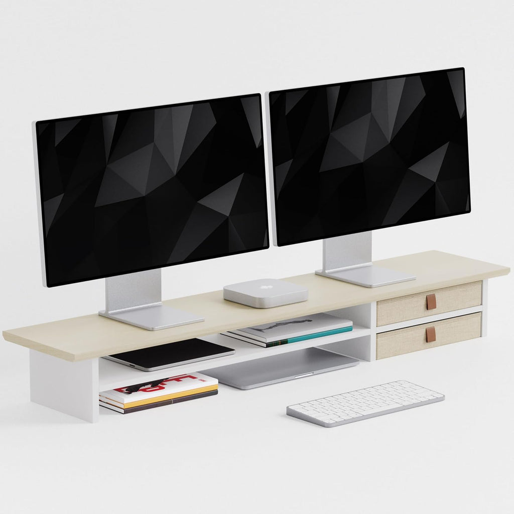 Dual‑Tier Monitor Stand Riser with Drawers, Desktop Organizer Shelf Storage for Computer Screen 2 Monitors, Supports for PC Computer Monitor, Printer, Heavy TV Riser Beige and White by FENSULN