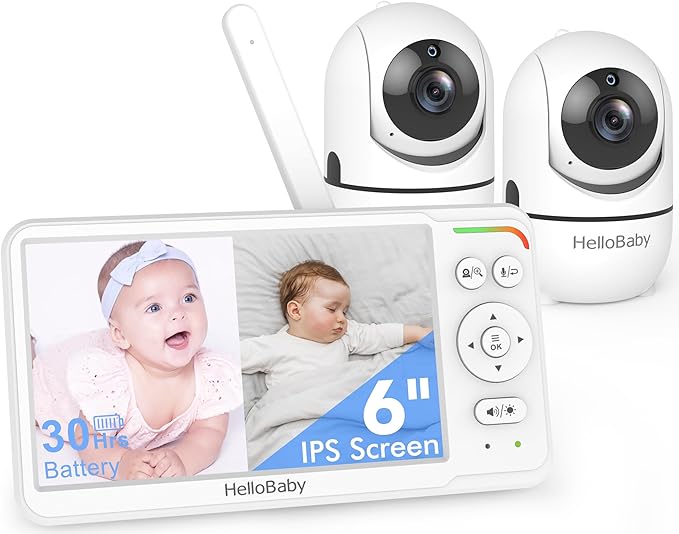 HelloBaby Baby Monitor with 2 Cameras, World First 6" IPS Split Screen, Double Cams No WiFi, 30H Battery, 1000ft Range, 2-Way Audio, Pan-Tilt-Zoom, VOX, Night Vision, 8 Lullabies, Ideal for Twins by HelloBaby
