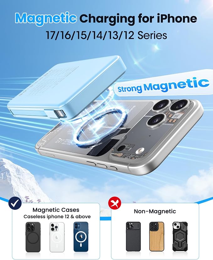 Magnetic Portable Charger, 22.5W Power Bank Fast Charging 10000mAh, Portable Charger with Built in Cable, for Magsafe Battery Pack Compatible with iPhone 17/16/15/14/13/12 Pro/Pro Max Sky Blue | Fast Charging 22.5W ExternalBattery Pack Compatible with ... - Image 3