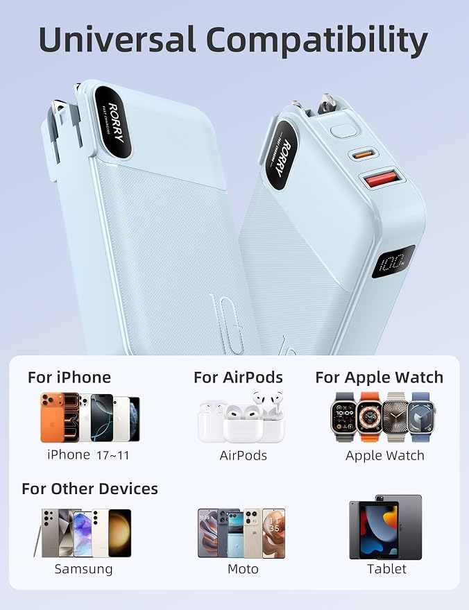 RORRY Portable Charger w/Wall Plug 10000mAh Power Bank 22.5W Battery Pack | Built in Cables, Fast Charging, for iPhone, iPad, Samsung Galaxy, Pixel, LG, Travel Essential, Digital Display, Pocket Size - Image 7