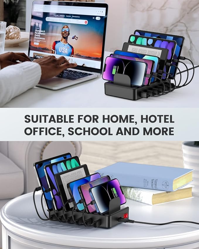 50W 6 Ports Multi Charger Station, USB Charging Dock for Multiple Devices | with 6 Cables, 1 USB-A to USB-C Adapter Converter, Compatible with Cellphone iPad Kindle Tablet and Other Electronic Devices - Image 5