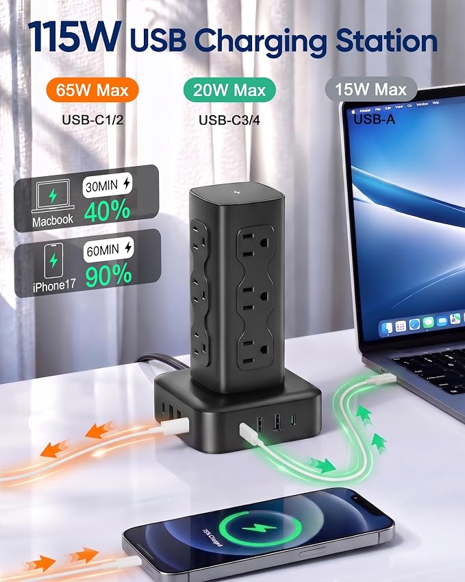 PD65W Power Strip Tower with 12 AC Outlets & 8 USB Ports(4 USB C), 6FT Cord | 21-in-1 Flat Plug Charging Station Tower, 6FT Extension Cord for Home Office Dorm, Black - Image 3