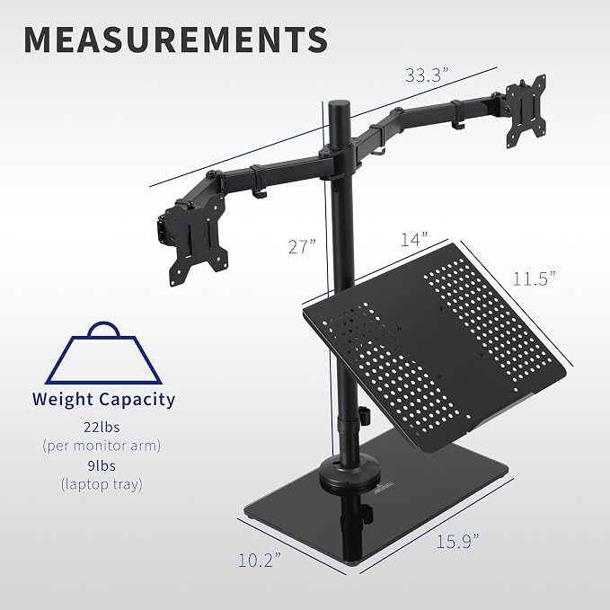 VIVO Freestanding Dual Computer Monitor and Laptop Combo Desk Stand with Glass Base, Fits up to 32 inch Monitors and 17 inch Laptops, Black, STAND-V003FGL - Image 3