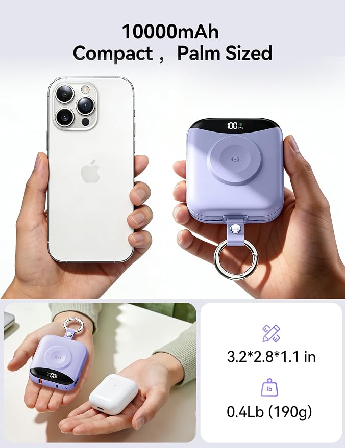 Portable Charger 10000mAh 22.5W Power Bank Built-in 2 Cables Keychain | Charge 5 Devices, TSA approved, Travel Fast Charging Battery Pack for iPhone Samsung Google Android & iWatch Charger, Purple - Image 3