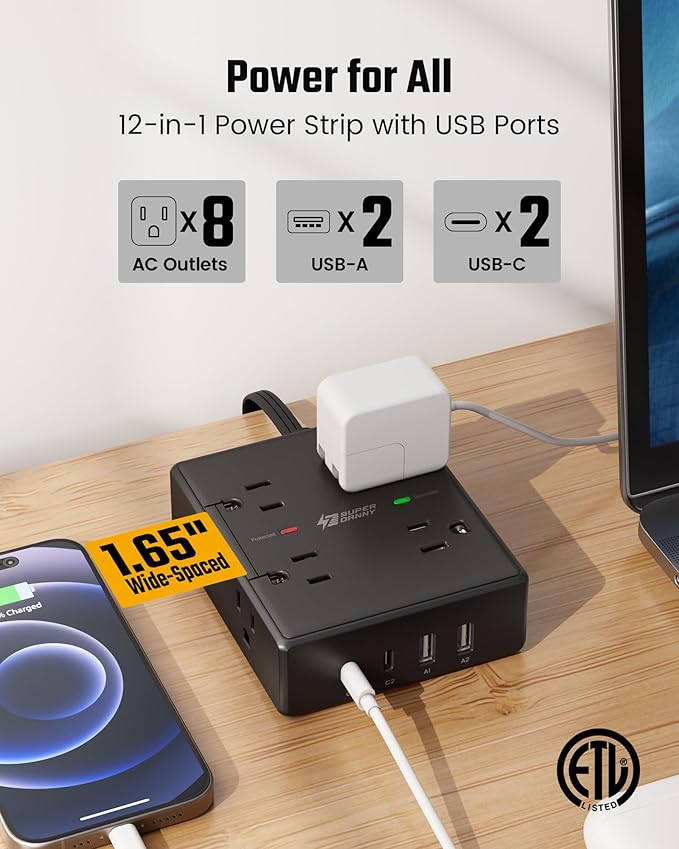 SUPERDANNY Extension Cord,Flat Plug Surge Protector Power Strip,10Ft | 8 AC & 4 USB Ports (2 USB C),Surge Protector with 1050J,Desk Charging Station for Home Office,College Dorm Room Essentials - Image 3