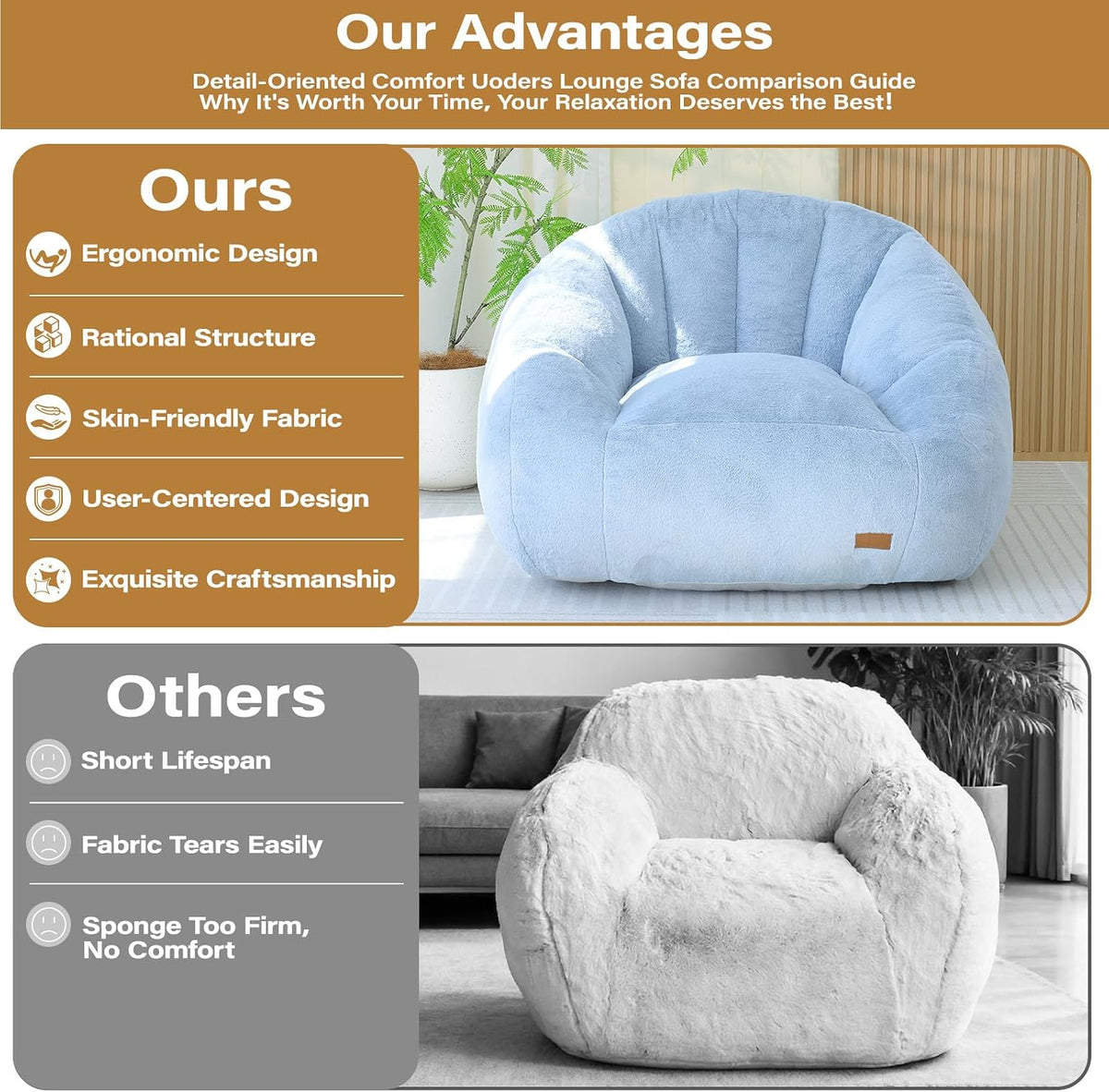 Giant Bean Bag Chair for Adults, Teens and Kids, Cozy Fluffy Corduroy Beanbag Chair with Filler, Large Floor Lounge Sofa for Living Room, Bedroom, Dorm, Gaming and Reading(L-Light Blue) - Image 7