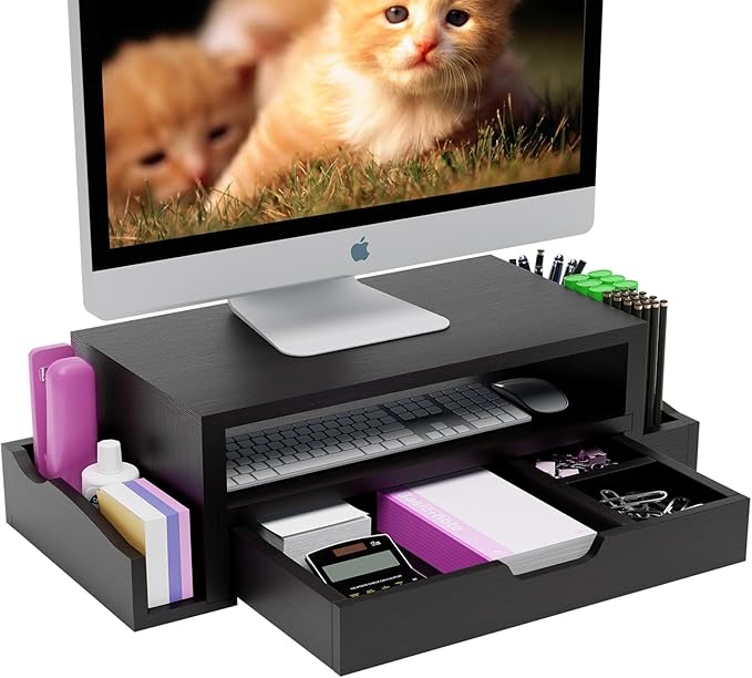 Simple Trending Wood Monitor Stand Riser, Desktop Oraganizer, Black | Desk Organizer and Accessories, Laptop & Printer Stand, Drawer & Pen Holder, for Home Office, 20.25"W x 9.25"D x 5.5"H by SimpleTrending