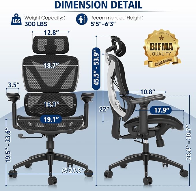 Ergonomic Office Chair, Big and Tall Mesh Chair with Lumbar Support, 3D armrest - 215° Rotation, Adjustable Headrest & Soft Seat, Durable Computer Chair 350LBS for Work Gaming - Image 3