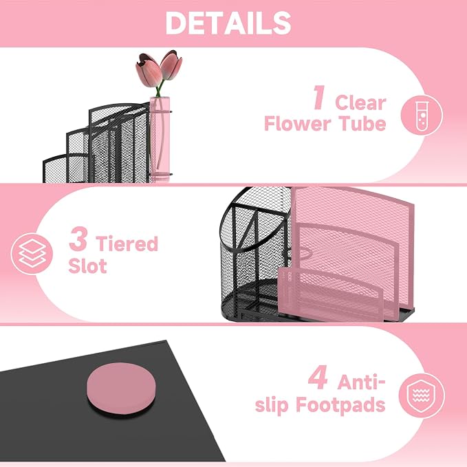 Desk Organizer with 3 Compartment Pen Holder, 3-Slot Mail Organizer and Flower Tube, Metal Mesh Bill Organizer for Pencil, Envelope, Letter and Office Supplies, Black - Image 4