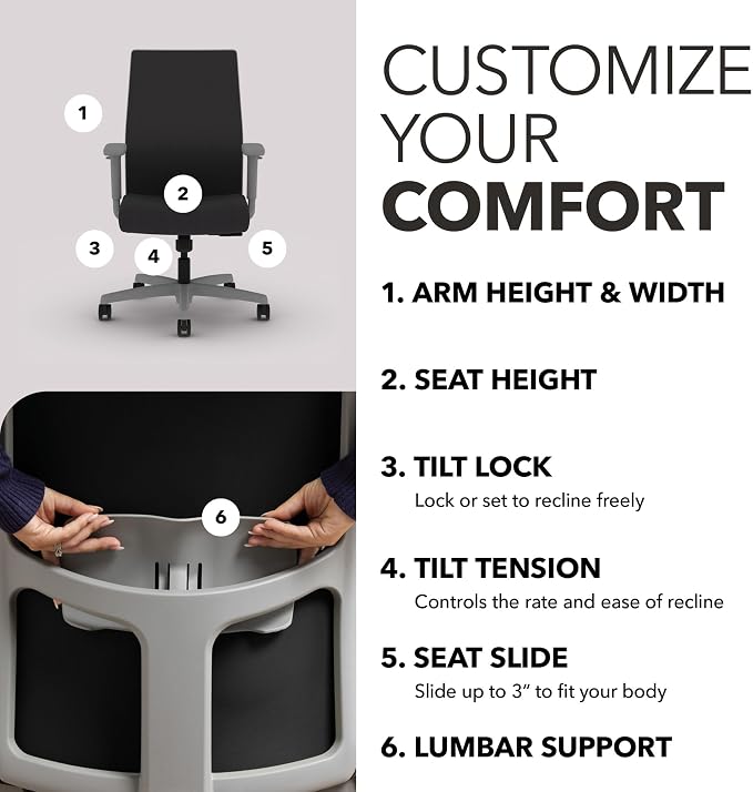 HON Ignition 2.0 Ergonomic Office Chair, Lumbar Support, Onyx | Ergonomic office desk chair with lumbar support, adjustable arms, office decor, workstation comfort for focused productivity - Image 3
