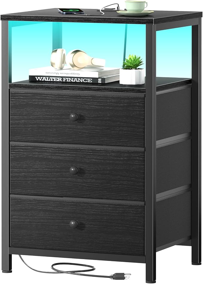 BOLUO Black Night Stand with 3 Fabric Drawers, Nightstand with Charging Station LED Nightstand for Bedroom, Bedside Table with USB Ports and Outlets Modern by BOLUO